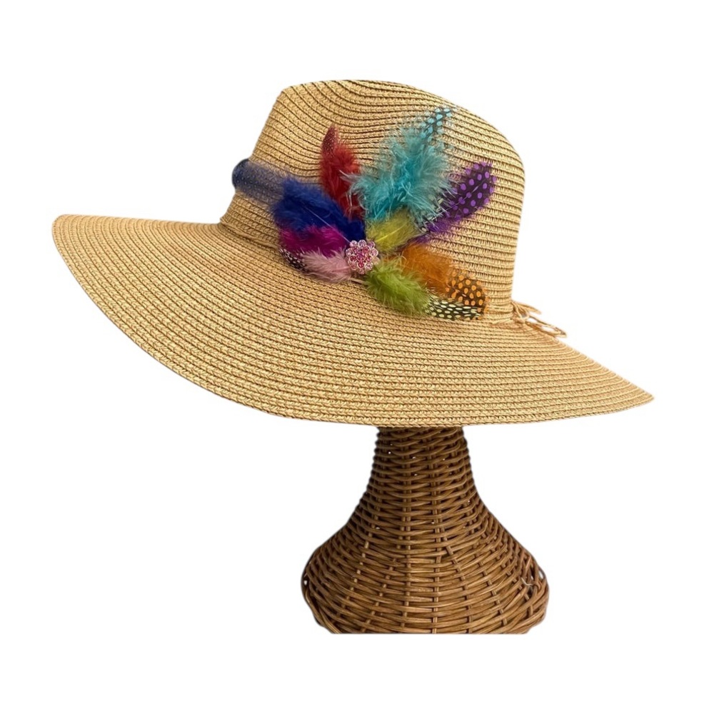 SUN BIRD FEATHER HANDMADE DESIGN FLOPPY SUN HAT COLLECTION ( Pink Brooch)